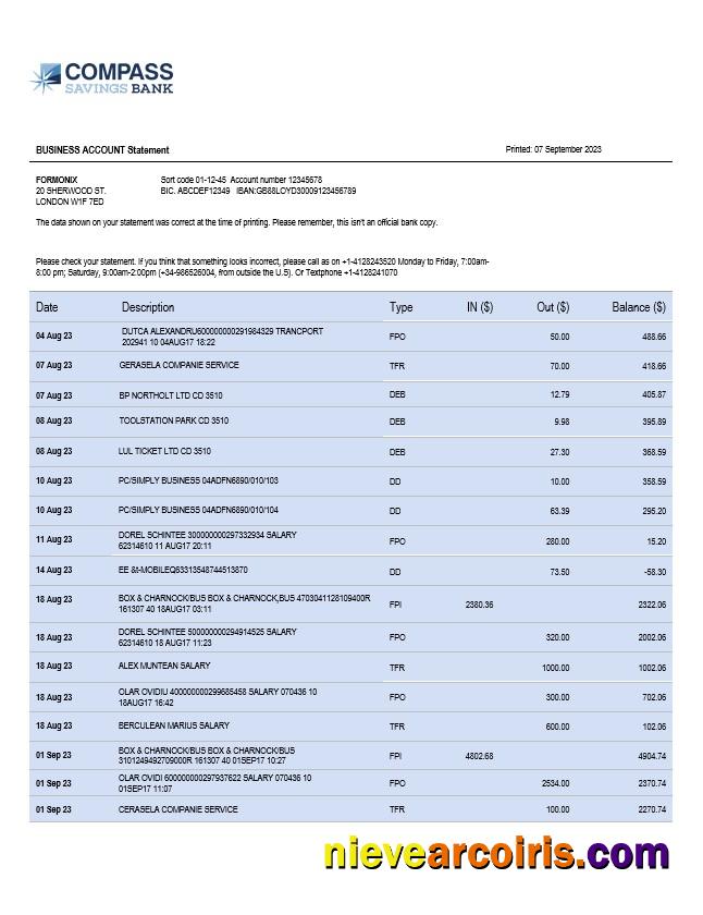 Compass Bank enterprise account statement